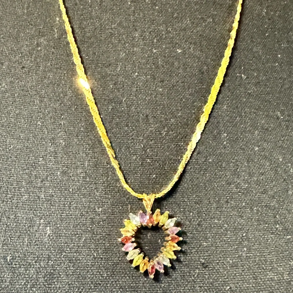 18K Gold Plated Heart Necklace: Multicolor CZ Pendant